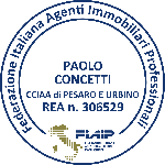 Timbro FIAIP di Paolo Concetti — iscritto alla Federazione Italiana Agenti Immobiliari Professionali, CCIAA di Pesaro e Urbino, REA n. 306529